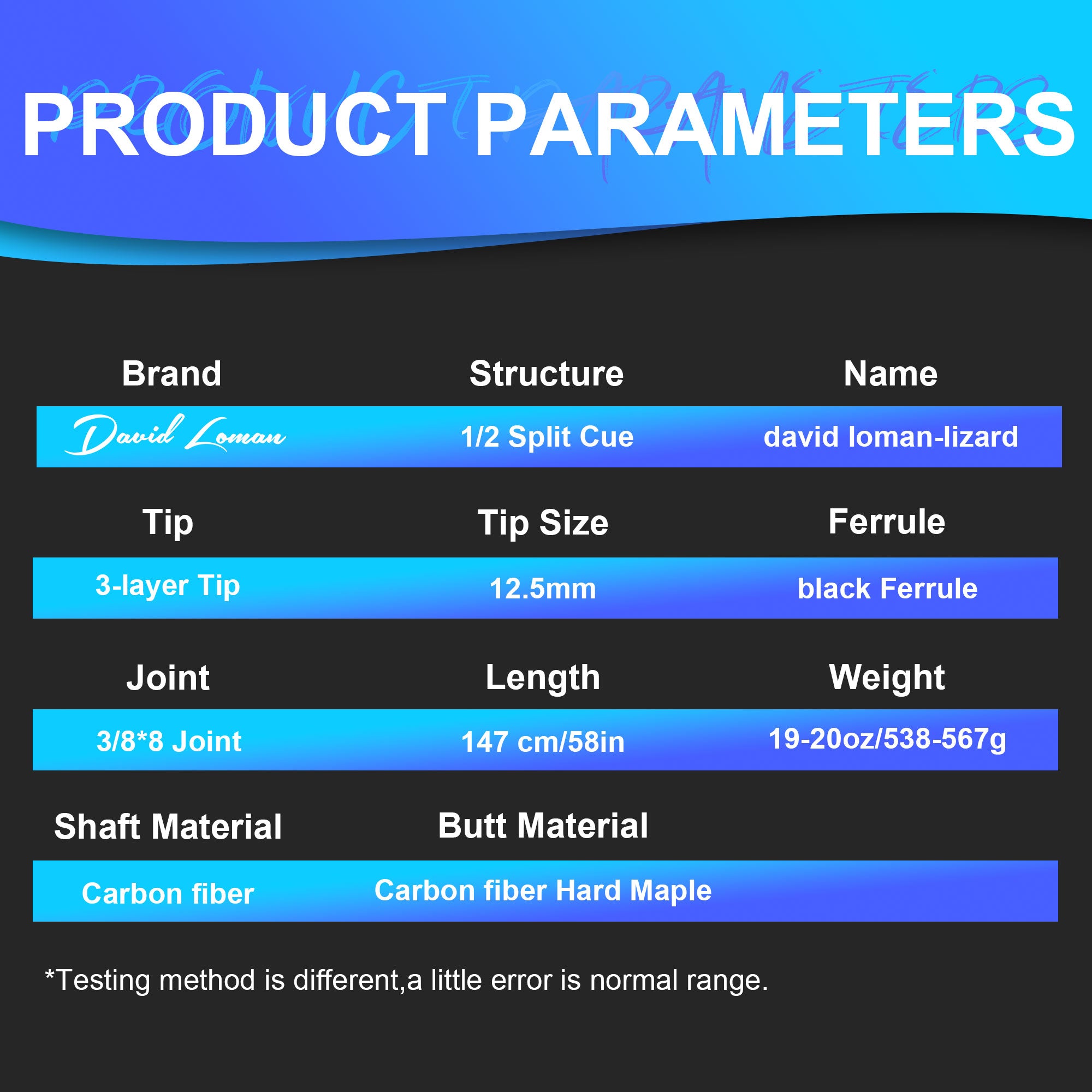 DAVID LOMAN Bird eyed lizard pattern carbon fiber pool cue 58" Black Carbon Billiard Pool Cue Stick Black technology
