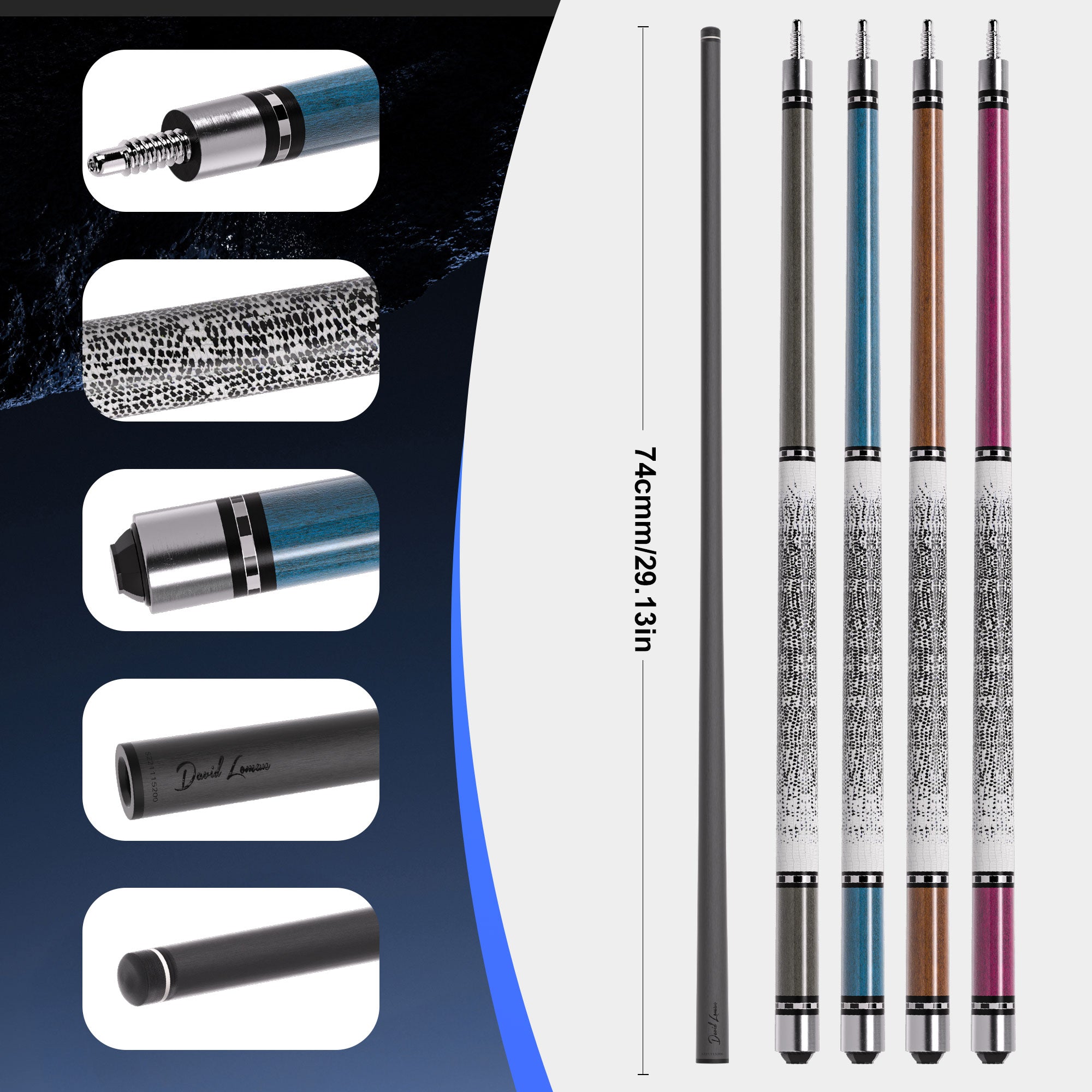 DAVID LOMAN Bird eyed lizard pattern carbon fiber pool cue 58" Black Carbon Billiard Pool Cue Stick Black technology