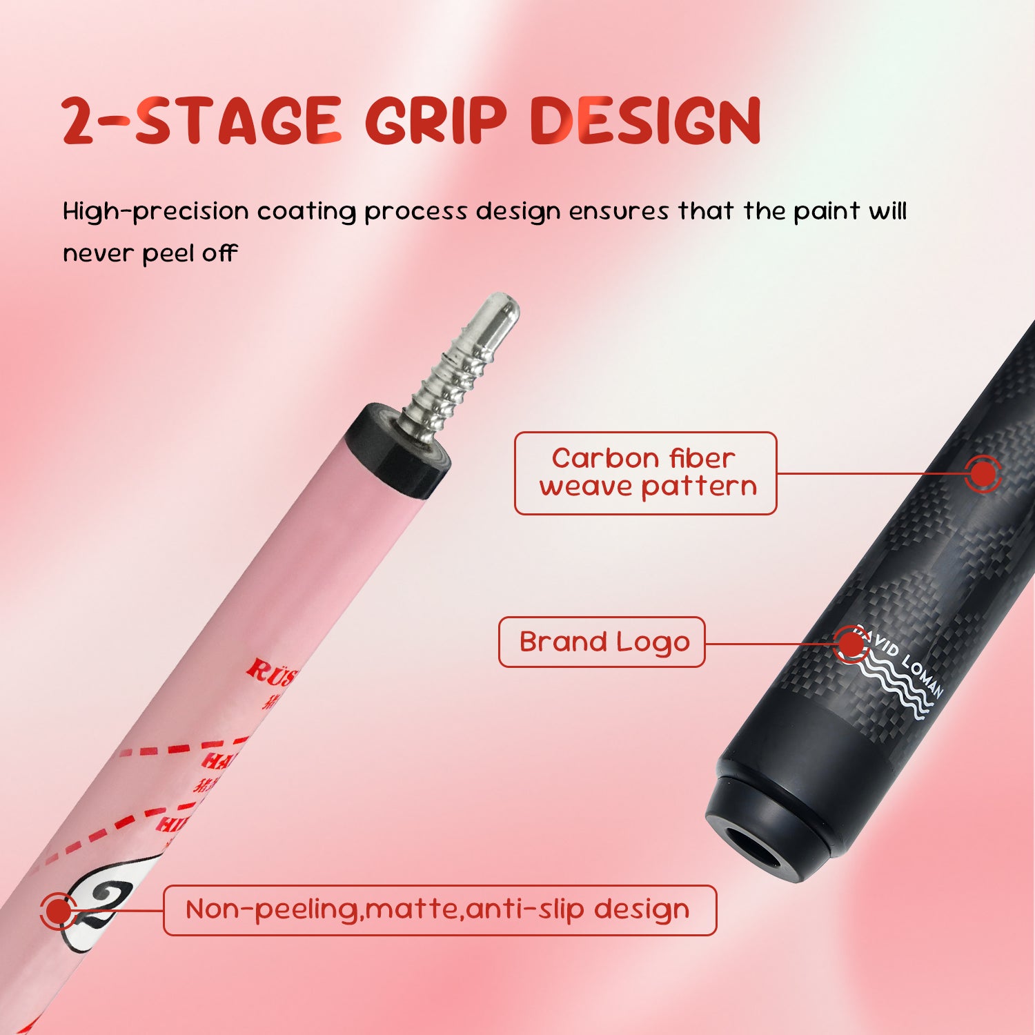 David Loman Carbon fiber billiard cue stick, Professional billiard cue,100% Carbon fiber ,3/8*8 Joint ,pink pig