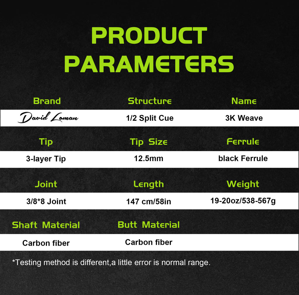 DAVID LOMAN 3k weave carbon fiber pool cue  12.5mm 19.5oz