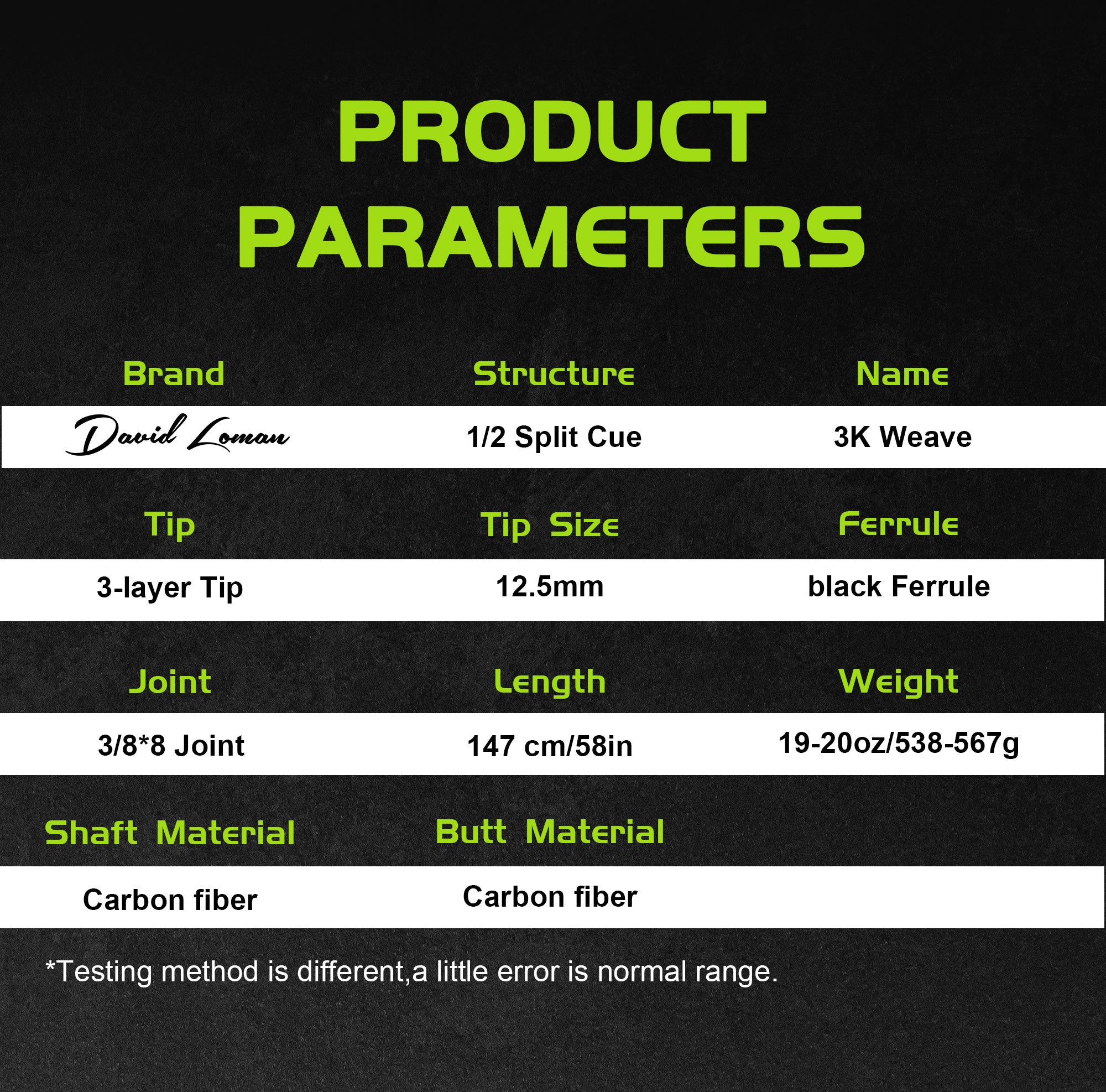 DAVID LOMAN 3k weave carbon fiber pool cue  12.5mm 19.5oz